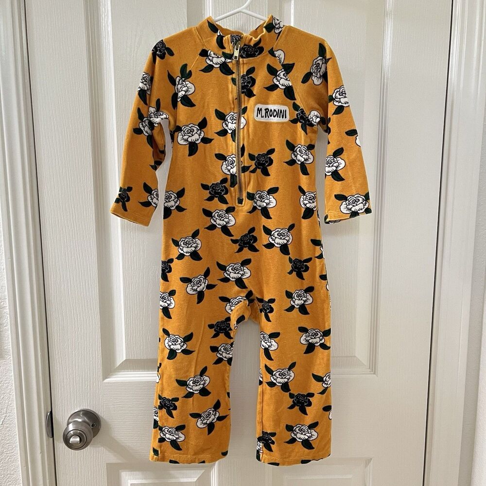 Mini Rodini Organic Marigold Yellow Floral Roses Velour Jumpsuit Girls Size 4-5
